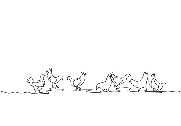 Ενιαία Συνεχή Γραμμή Σχέδιο Πολλών Κοτόπουλων Έπαιζαν Στα Χωράφια Ενώ — Διανυσματικό Αρχείο