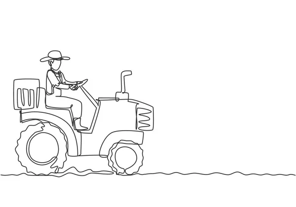 Single Continuous Line Drawing Young Male Farmer Drive Tractor Plow — Stock Vector