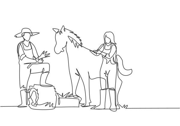 Single one line drawing of male farmer stomped one of its feet into the curled hay as it was about to feed the horse. A female helps to pet the horse. One line draw design graphic vector illustration.