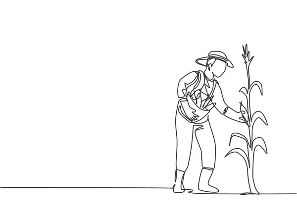 Dibujo Una Sola Línea Joven Granjero Recogiendo Maíz Árbol Agricultor — Vector de stock
