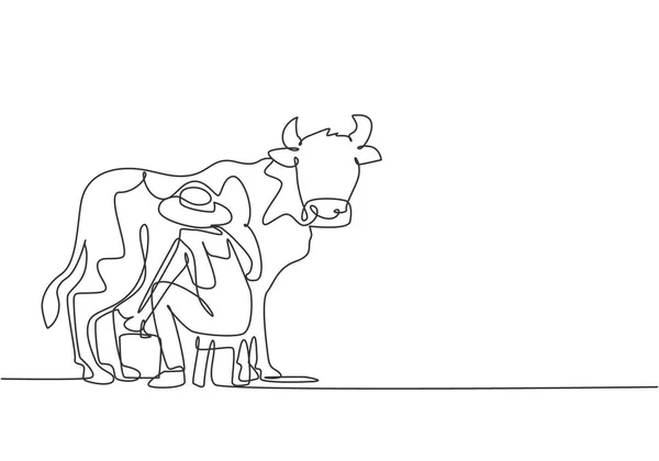 Одна Сплошная Линия Изображающая Молодого Фермера Дояряющего Корову Традиционным Способом — стоковый вектор