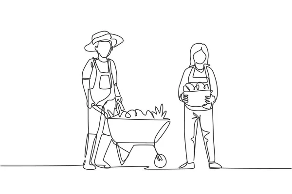 Eine Durchgehende Linie Zeichnet Ein Glückliches Paar Bauer Mit Schubkarrenwagen — Stockvektor