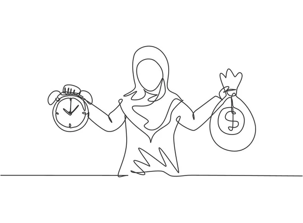Una Línea Continua Dibujando Una Joven Trabajadora Árabe Sosteniendo Bolsa — Archivo Imágenes Vectoriales