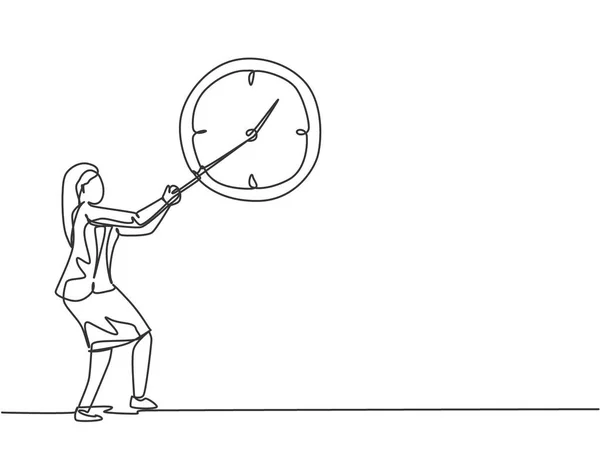 ロープで大きなアナログウォールクロックの時計回りに引く若い女性労働者を描く連続1行 時間管理ビジネスミニマリストコンセプト 1本の線画ベクトルグラフィックイラスト — ストックベクタ