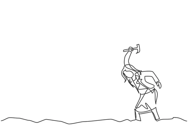 Непрерывная Линия Рисует Молотком Молотком Молодую Женщину Работницу Копающую Сокровища — стоковый вектор