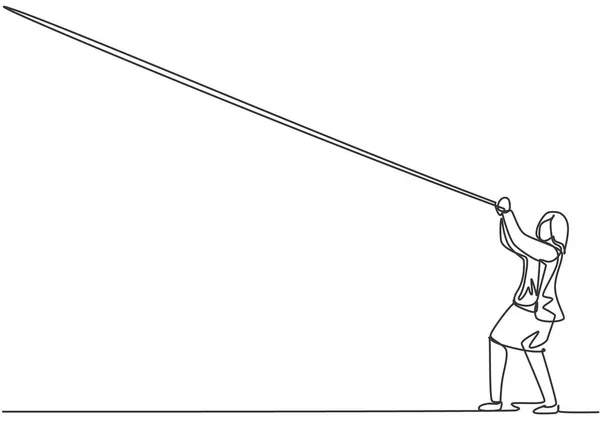 Однорядковий Малюнок Молодої Ділової Жінки Звисає Мотузці Щоб Досягти Своїх — стоковий вектор