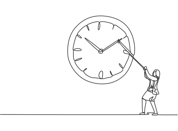 ロープで大きなアナログウォールクロックの時計回りに引っ張っ若いビジネス女性の一本の線画 時間管理のミニマリストコンセプト 連続線画デザイングラフィックベクトルイラスト — ストックベクタ