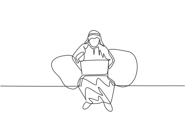 Continu Une Ligne Dessinant Jeune Ouvrier Arabe Assis Sur Canapé — Image vectorielle