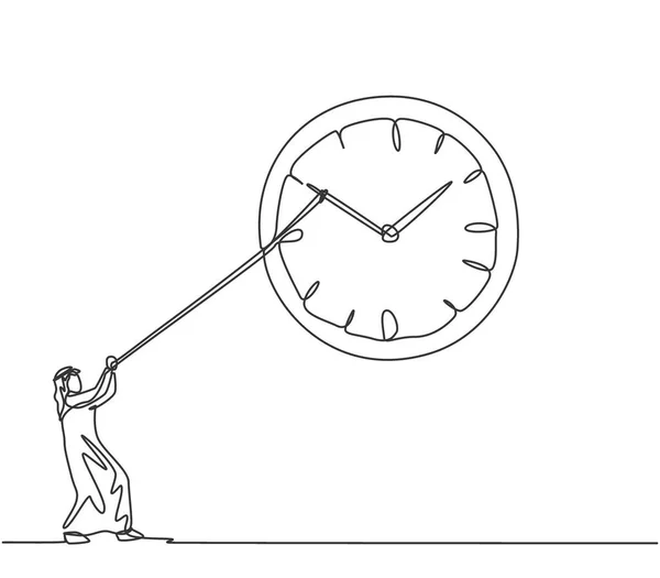 连续一行画年轻的阿拉伯男工用绳子拉顺时针方向的大模拟壁钟 时间管理业务简约的概念 单行绘图设计矢量图形说明 — 图库矢量图片
