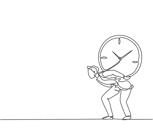 若いビジネスマンの一本の線画は 彼の背中で重い大きなアナログ時計を肩に ビジネスの時間規律隠喩の概念 現代の連続線画デザイングラフィックベクトルイラスト — ストックベクタ