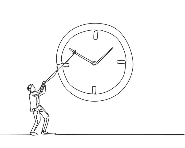 Continuous One Line Drawing Young Male Worker Pulling Clockwise Big — Stock Vector