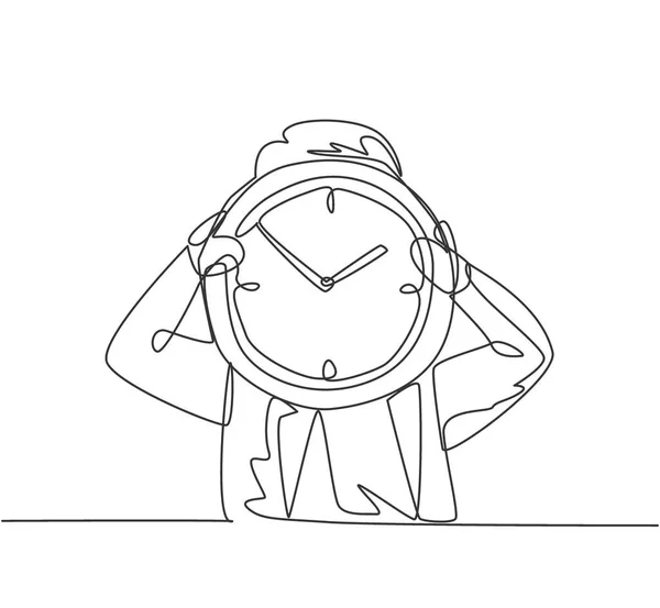 Simple Ligne Continue Dessin Jeune Homme Affaires Tenant Horloge Analogique — Image vectorielle