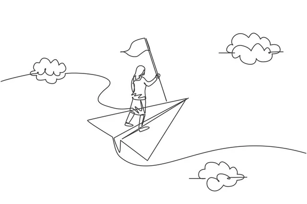Einzeilige Zeichnung Einer Jungen Geschäftsfrau Die Mit Einem Papierflugzeug Fliegt — Stockvektor