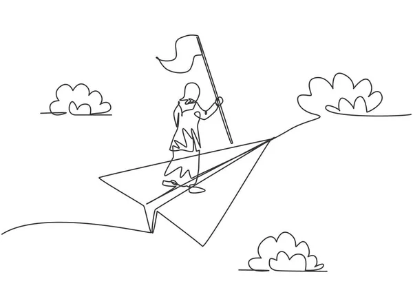 紙飛行機に旗を掲げている若いアラブのビジネス女性の一本の線画 ビジネス上の課題 最小限の隠喩の概念 現代の連続線画デザイングラフィックベクトルイラスト — ストックベクタ