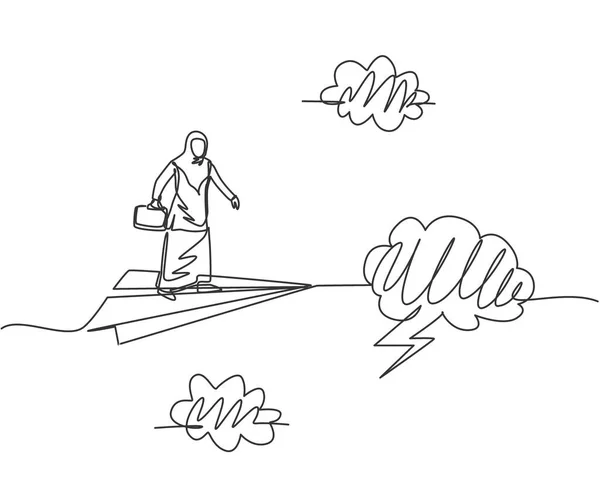 Single one line drawing of young Arab business woman on flying paper plane through storm. Business challenge. Minimal metaphor concept. Modern continuous line draw design graphic vector illustration