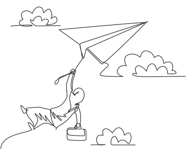 单行连续画 年轻的阿拉伯女商人在飞行的纸飞机上紧紧抓住绳子 商业挑战 简约的隐喻概念 单行绘图图形设计矢量插图 — 图库矢量图片