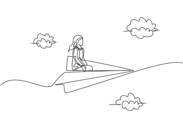Dessin Unique Une Jeune Femme Affaires Assise Détendre Sur Avion — Image vectorielle