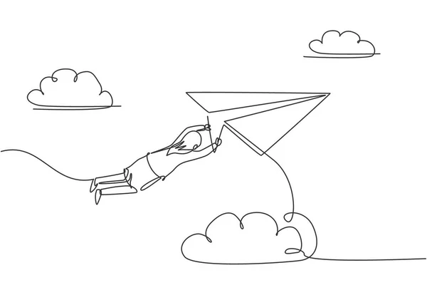 连续一行画的年轻女工挂在飞行纸飞机上 成功的商业经理 隐喻简约的概念 趋势单行绘图设计矢量图形说明 — 图库矢量图片