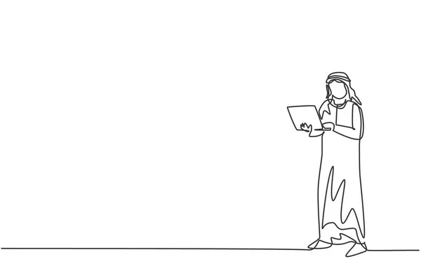 投資家の前で話している若いアラブのビジネスマンを描き ノートパソコンを持ちながらビジネスプランを提供するシングルライン 最小限のコンセプト 連続線画デザイングラフィックベクトルイラスト — ストックベクタ
