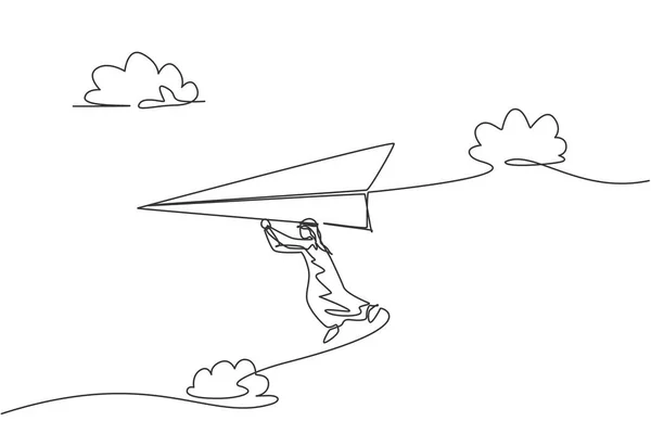 Один Рисунок Молодого Арабского Бизнесмена Висящего Высоко Бумажном Самолете Задача — стоковый вектор