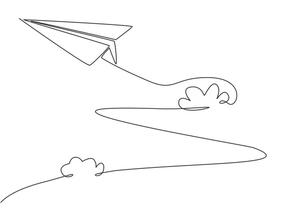Один Сплошной Рисунок Бумажного Самолета Летящего Высоко Сквозь Облака Белом — стоковый вектор