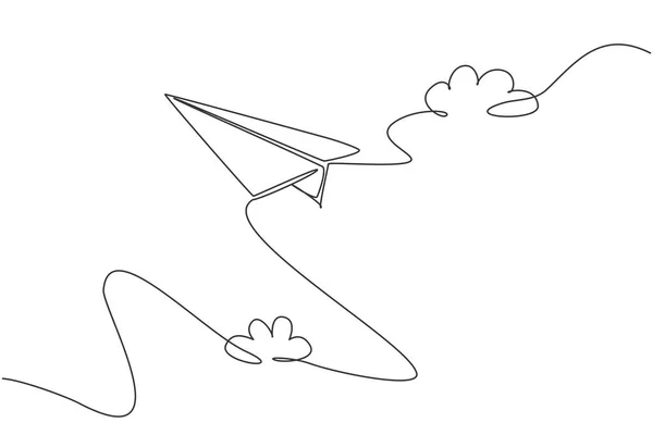 Desenho Uma Única Linha Avião Papel Voando Alto Céu Sobre — Vetor de Stock