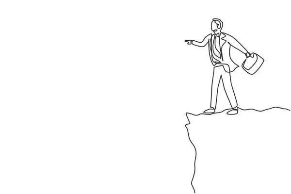 崖の端に立っている若いスマートビジネスの男のシングル1行の図面 ビジネス上の課題と自由の概念 現代の連続線画 最小限のデザイングラフィックベクトルイラスト — ストックベクタ