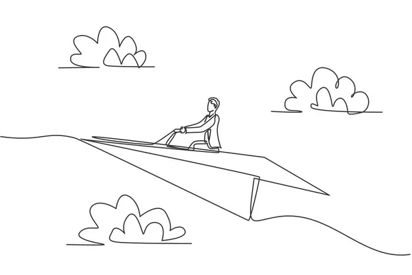 Desenho Linha Contínuo Único Homem Negócios Jovem Voa Avião Aéreo —  Vetores de Stock