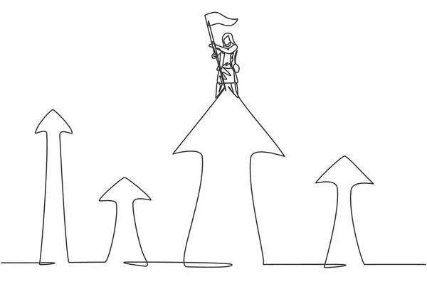 Одна Сплошная Линия Изображающая Молодую Женщину Менеджера Установила Флаг Вершине — стоковый вектор