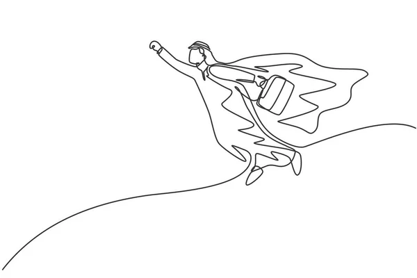 Nepřetržitá Jedna Čára Kreslení Mladý Arabský Mužský Dělník Superhrdina Létání — Stockový vektor