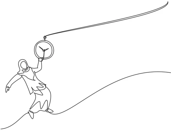 Continuous One Line Drawing Young Arab Female Worker Swinging Pocket Vector Graphics