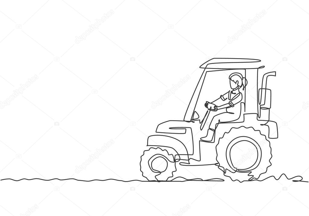 Single one line drawing of young female farmer drive a tractor to plow the fields. Successful farming challenge minimal concept. Modern continuous line draw design graphic vector illustration.