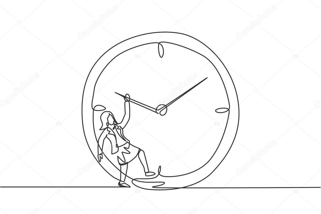 Continuous one line drawing young woman worker hanging on clockwise of giant analog clock. Business time discipline metaphor concept. Single line draw design vector graphic illustration.