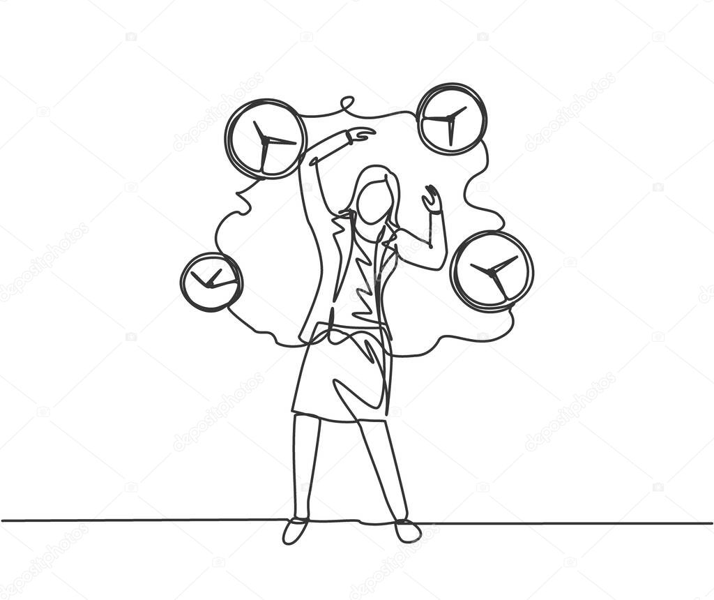 Single continuous line drawing stressful business woman surrounded by flying analog clocks. Minimalism metaphor business deadline concept. Dynamic one line draw graphic design vector illustration.