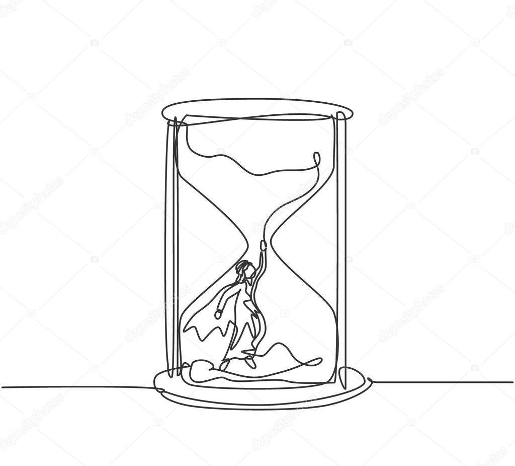 Continuous one line drawing young Arab male worker with wing flying to get out from hourglass. Minimalism metaphor business deadline concept. Single line draw design vector graphic illustration.