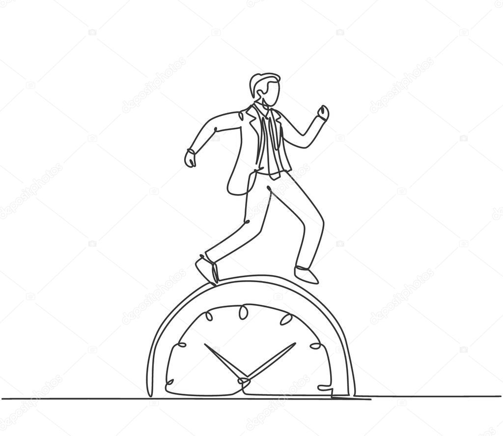Single continuous line drawing young business man walking on the big analog clock. Minimalism metaphor business deadline concept. Dynamic one line draw graphic design vector illustration