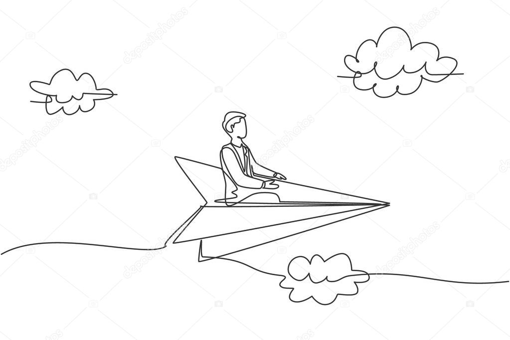 Single one line drawing of young smart business man flying with paper aircraft relax and cool. Business travel metaphor concept. Modern continuous line draw. Minimal design graphic vector illustration