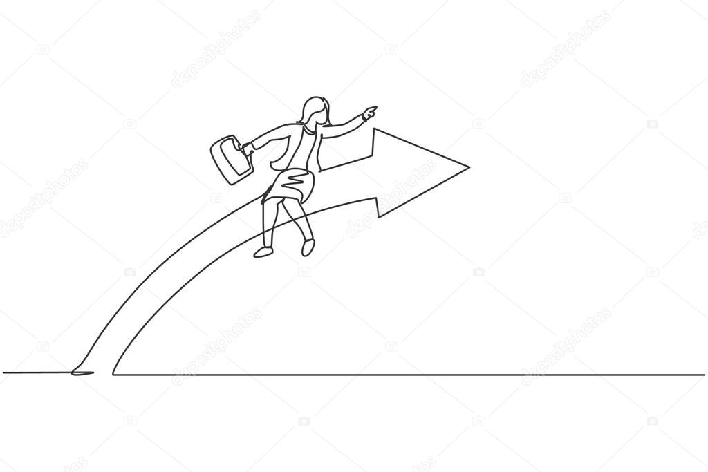 Single one line drawing of young smart business woman flying ride forward arrow to reach target. Business sales growth minimal concept. Modern continuous line draw design graphic vector illustration