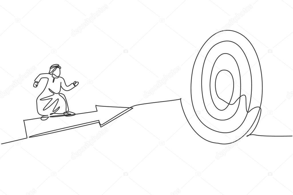 Single continuous line drawing of young Arabian businessman ride arrow symbol and flying to hit target. Smart professional manager. Minimalism concept one line draw graphic design vector illustration