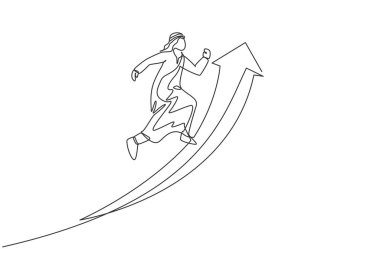 Artan satış hedefine ulaşmak için yükseğe zıplayan genç Arap erkek işçilerin sürekli bir çizgisi. Başarılı işletme yöneticisi minimalist konsepti. Tek çizgi çizimi tasarım vektörü grafik çizimi