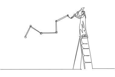 Genç Arap işadamlarının sürekli çizdiği tek çizgi artan satış artışı grafiği oluşturuyor. Akıllı başarılı pazarlama müdürü. Minimalizm konsepti dinamik bir çizgi grafik tasarım vektörü illüstrasyonu