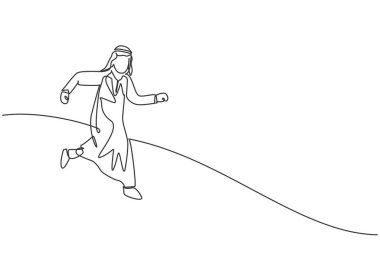 Genç Arap işadamının iş hedefinin peşinden koşarken sürekli çizdiği tek çizgi. Çalışkan yönetici, metafor. Minimalizm konsepti dinamik bir çizgi grafik tasarım vektörü illüstrasyonu