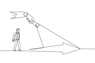 Genç girişimcinin sürekli çizdiği tek çizgi başarısını aydınlatmak için ışık tutar. Çekici profesyonel iş adamı. Minimalizm konsepti bir çizgi grafik tasarım vektörü illüstrasyonu