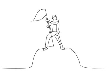 Genç ve zeki erkek müdürün dağın tepesine bayrak diktiği tek çizgi, metafor. Başarılı bir iş, hedeflenen minimum konsepte ulaşır. Aralıksız çizgi çizimi tasarım grafik vektör çizimi