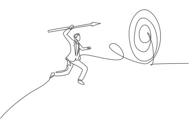 Genç bir iş adamının mızrakla hedefe atlarken sürekli çizdiği tek çizgi. Çekici profesyonel iş adamı. Minimalizm konsepti dinamik bir çizgi grafik tasarım vektörü illüstrasyonu