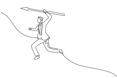 Genç iş adamının mızrağı saplamak için zıplarken çizdiği tek sıra. Profesyonel iş adamıyla dövüşmek. Minimalizm konsepti dinamik bir çizgi grafik tasarım vektörü illüstrasyonu