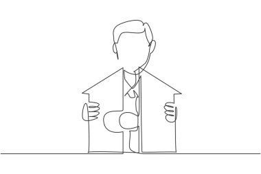 Sürekli bir çizgi halinde genç ve yakışıklı erkek işçiler bulmacanın parçalarını bina içine yerleştiriyorlar. Başarılı işletme yöneticisi minimalist konsepti. Tek çizgi çizimi tasarım vektörü grafik çizimi