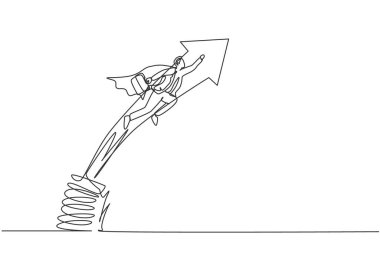 Metal yay ile atlayıp uçan genç ve zeki bir erkek çalışanın tek bir çizimi. İşletme finans büyümesi minimum konsept. Modern sürekli çizgi çizimi tasarım grafik vektör çizimi