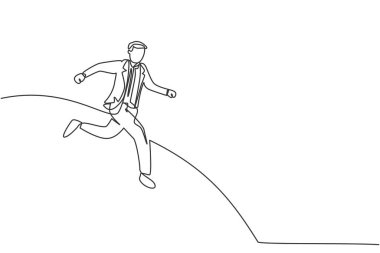 Ofise gitmek için koşan genç sporcu erkek çalışanın çizdiği tek çizgi. İşletme müdürü hedefi kovalıyor, metafor çok az. Aralıksız çizgi çizimi tasarım grafik vektör çizimi