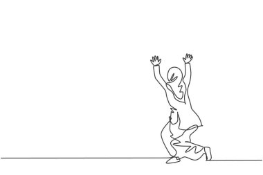 Genç ve güzel Arap 'ın diz çöküp el hareketi yaptığı tek sıra çizimi. Profesyonel iş kadını. Minimalizm konsepti dinamik bir çizgi grafik tasarım vektörü illüstrasyonu